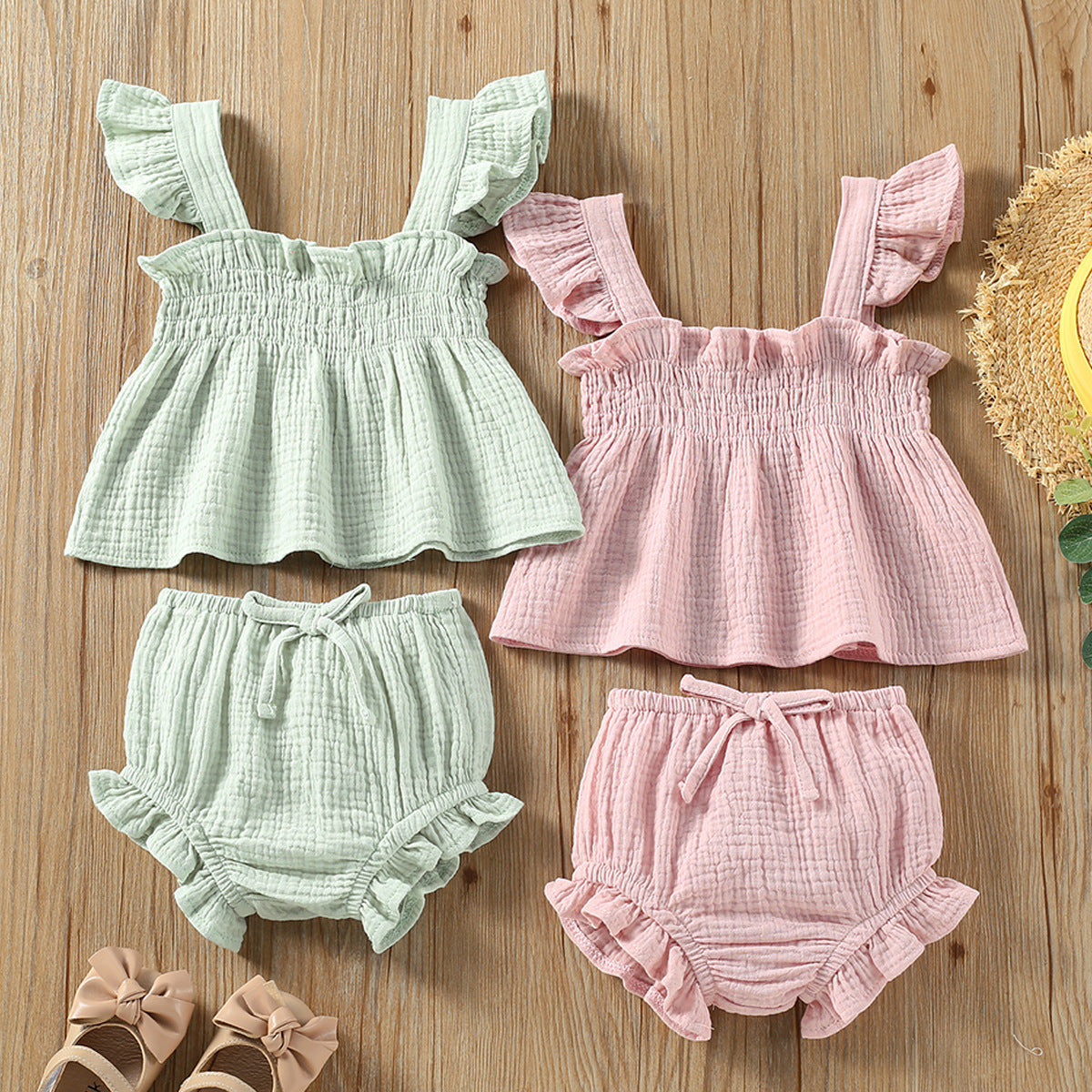 Girl Solid Color Sling Top Hot Pants Suit