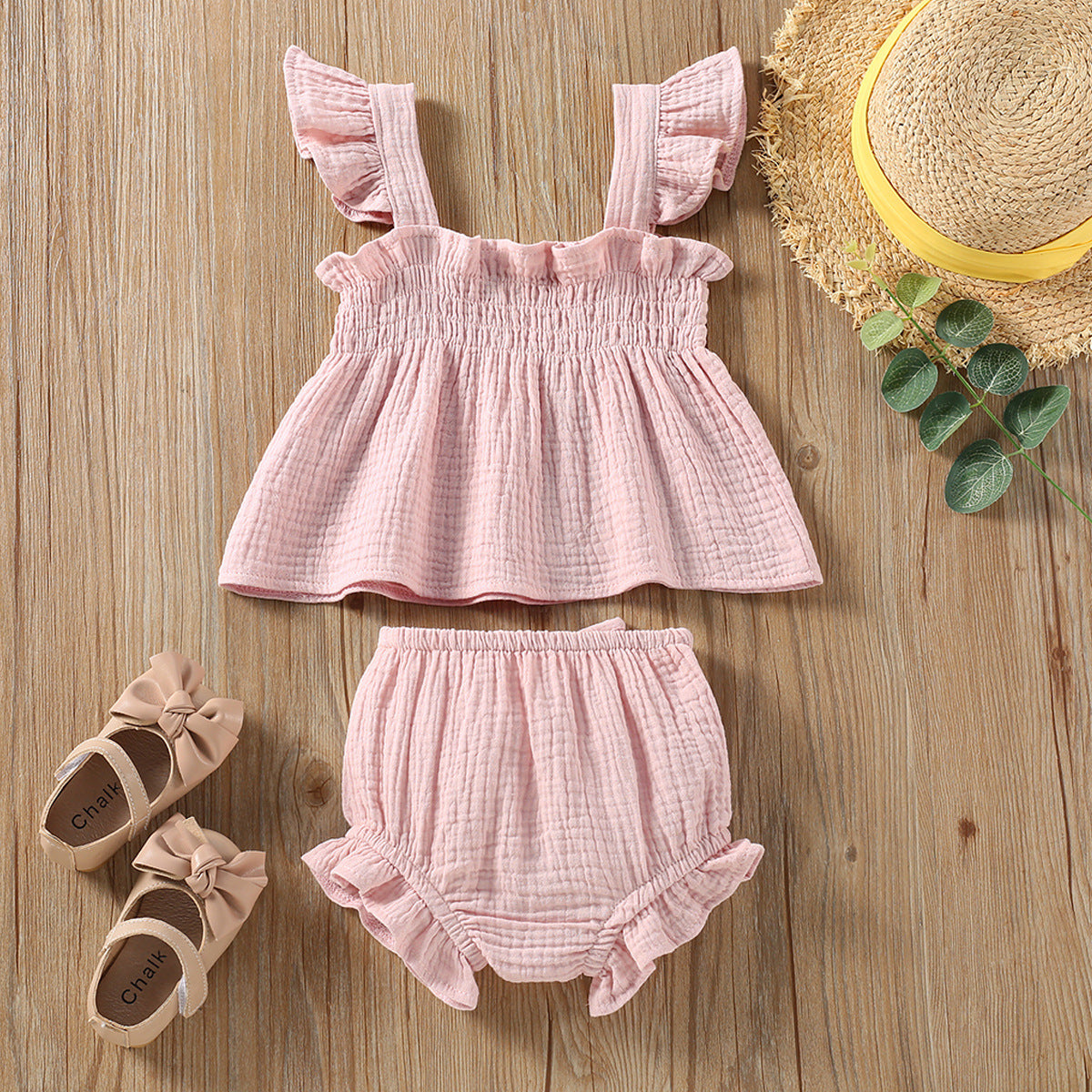 Girl Solid Color Sling Top Hot Pants Suit