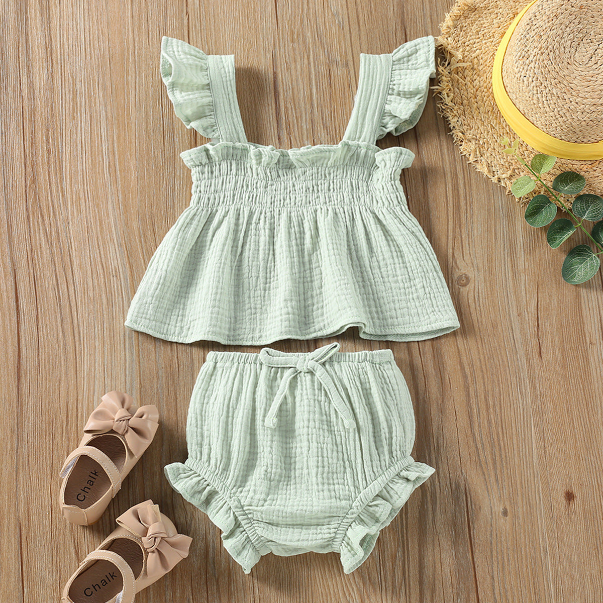 Girl Solid Color Sling Top Hot Pants Suit