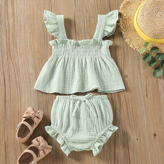Girl Solid Color Sling Top Hot Pants Suit